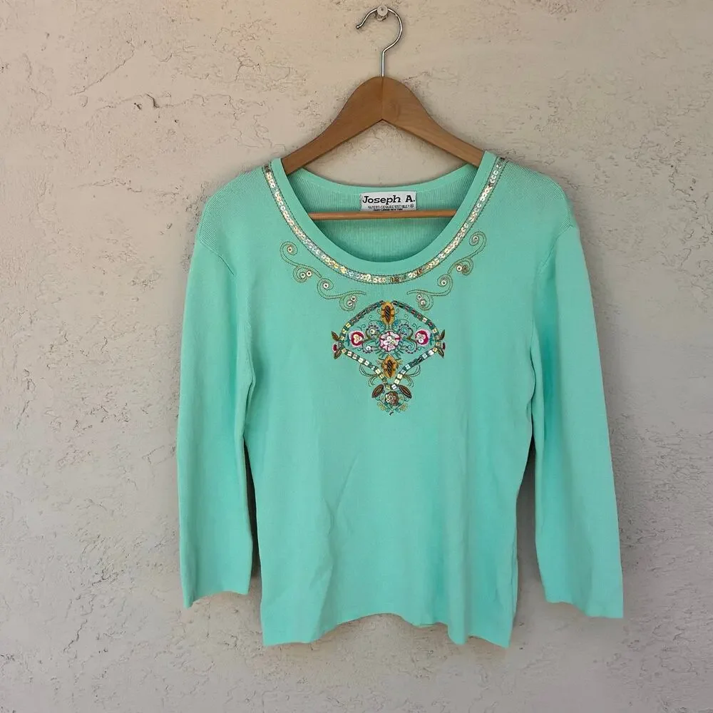 Vintage Joseph A Mint Green Beaded Embroidered Knit Top Size L